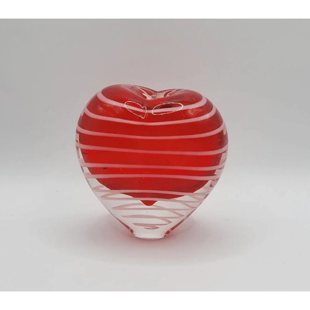 Vintage Heart Shape Red & White Striped Hand Blown Art Glass Paperweight Vase